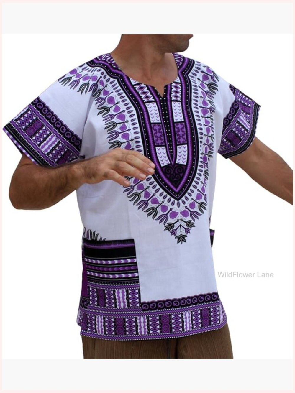 Dashiki Style Cotton Top Plus Size Blouse Loose Fit V-Neck Short Sleeve Handmade